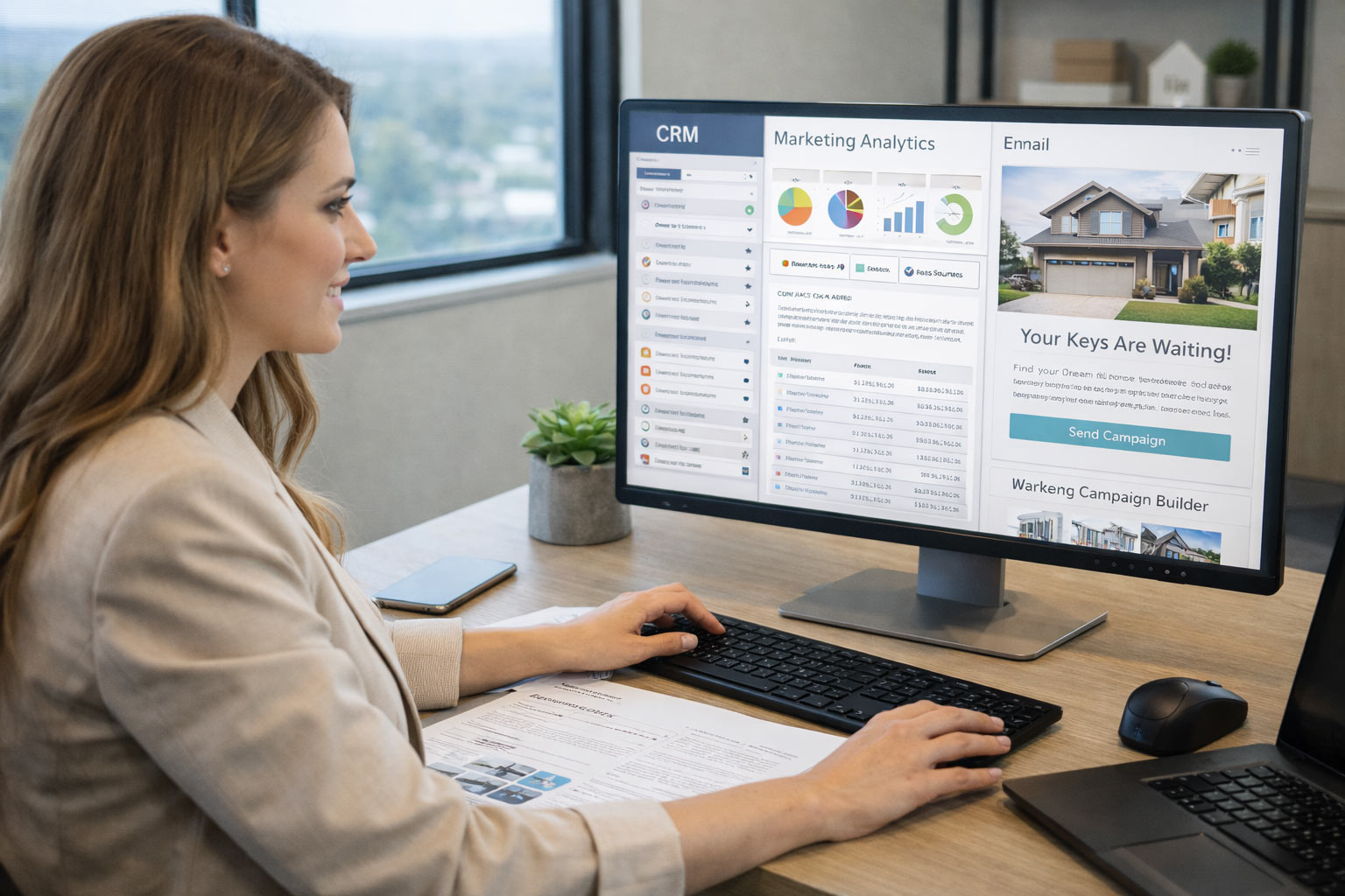 Real estate agent using CRM and marketing tools